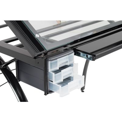 Mesa de dibujo Futura con tapa ajustable y almacenamiento en vidrio negro / transparente