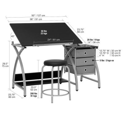 Mesa superior ajustable Comet Craft Center de 2 piezas con almacenamiento y taburete en plateado / negro