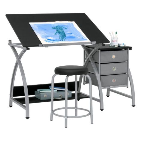 Mesa superior ajustable Comet Craft Center de 2 piezas con almacenamiento y taburete en plateado / negro