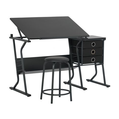 Centro de diseño Eclipse de 2 piezas con mesa superior ajustable, almacenamiento y taburete negro